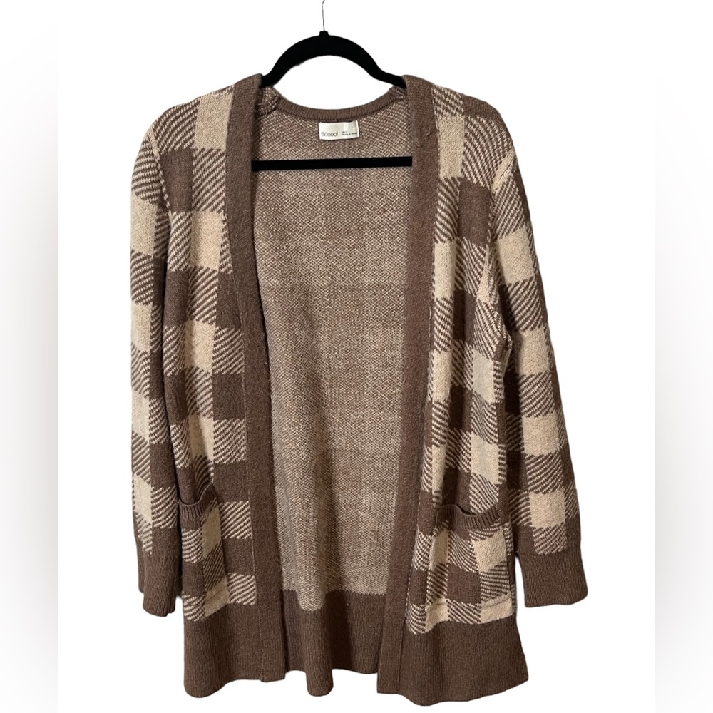 Becool Buffalo Check Long Cardigan Brown/Tan Size Small